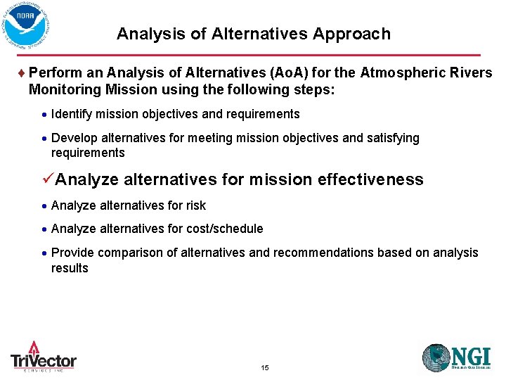 Analysis of Alternatives Approach Perform an Analysis of Alternatives (Ao. A) for the Atmospheric
