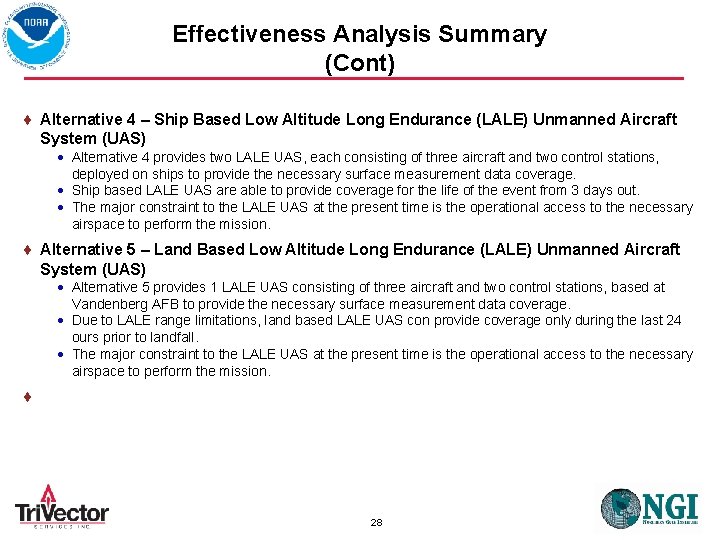 Effectiveness Analysis Summary (Cont) Alternative 4 – Ship Based Low Altitude Long Endurance (LALE)