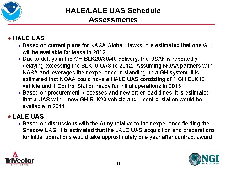 HALE/LALE UAS Schedule Assessments HALE UAS Based on current plans for NASA Global Hawks,