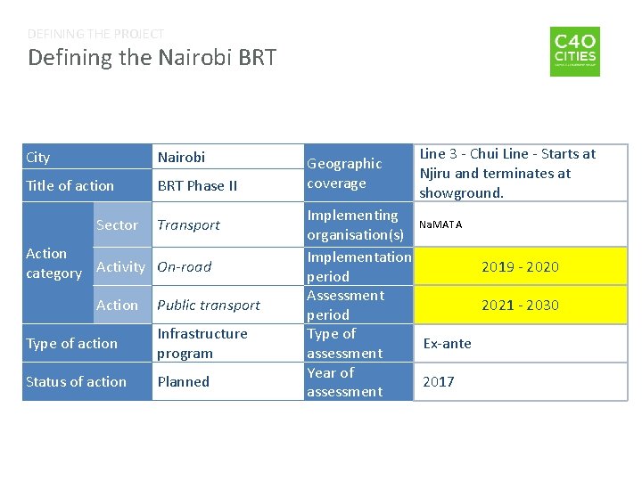 DEFINING THE PROJECT Defining the Nairobi BRT City Nairobi Title of action BRT Phase