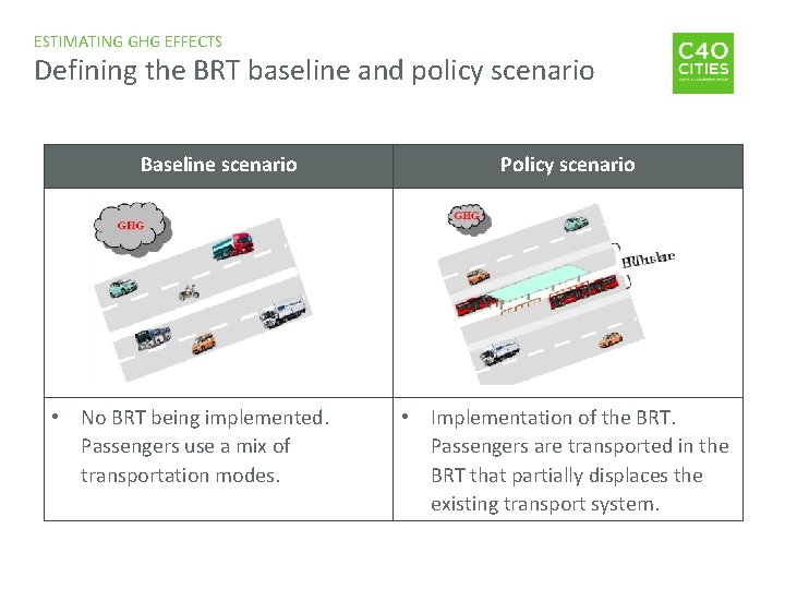 ESTIMATING GHG EFFECTS Defining the BRT baseline and policy scenario Baseline scenario • No