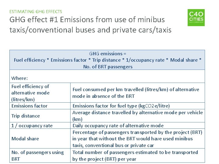 ESTIMATING GHG EFFECTS GHG effect #1 Emissions from use of minibus taxis/conventional buses and