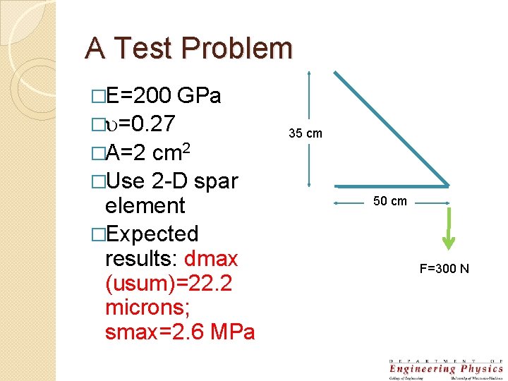 A Test Problem �E=200 GPa � =0. 27 �A=2 cm 2 �Use 2 -D