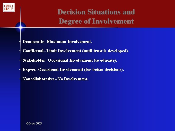 Decision Situations and Degree of Involvement • Democratic--Maximum Involvement. • Conflictual--Limit Involvement (until trust