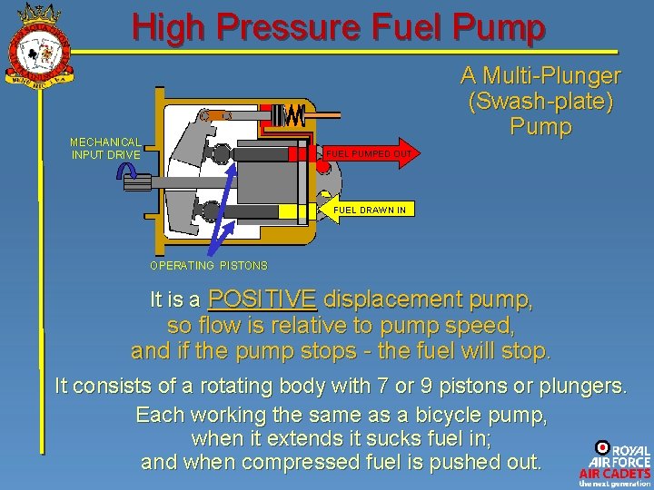 High Pressure Fuel Pump A Multi-Plunger (Swash-plate) Pump MECHANICAL INPUT DRIVE FUEL PUMPED OUT