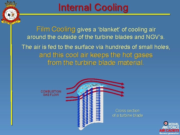 Internal Cooling Film Cooling gives a ‘blanket’ of cooling air around the outside of