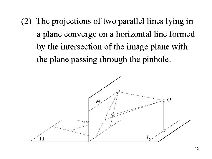 (2) The projections of two parallel lines lying in a plane converge on a