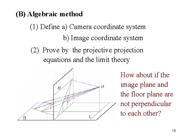 (B) Algebraic method (1) Define a) Camera coordinate system b) Image coordinate system (2)