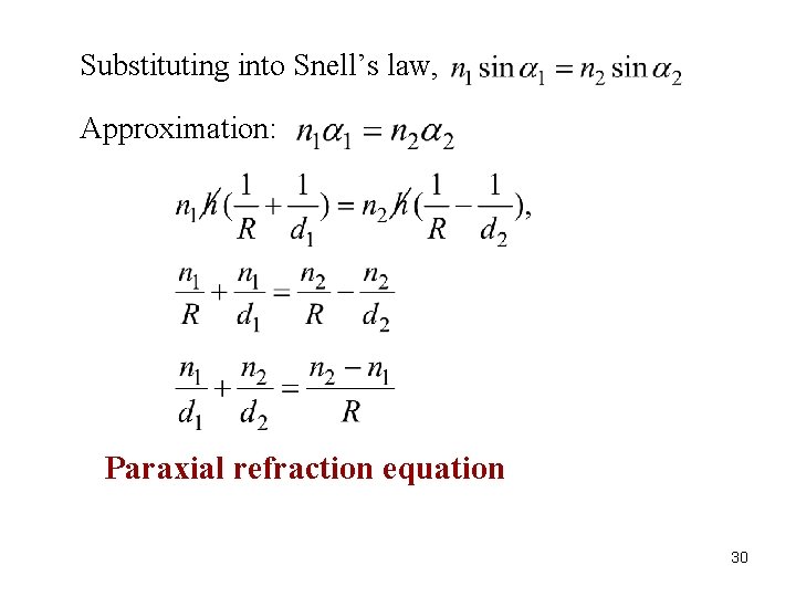 Substituting into Snell’s law, Approximation: Paraxial refraction equation 30 