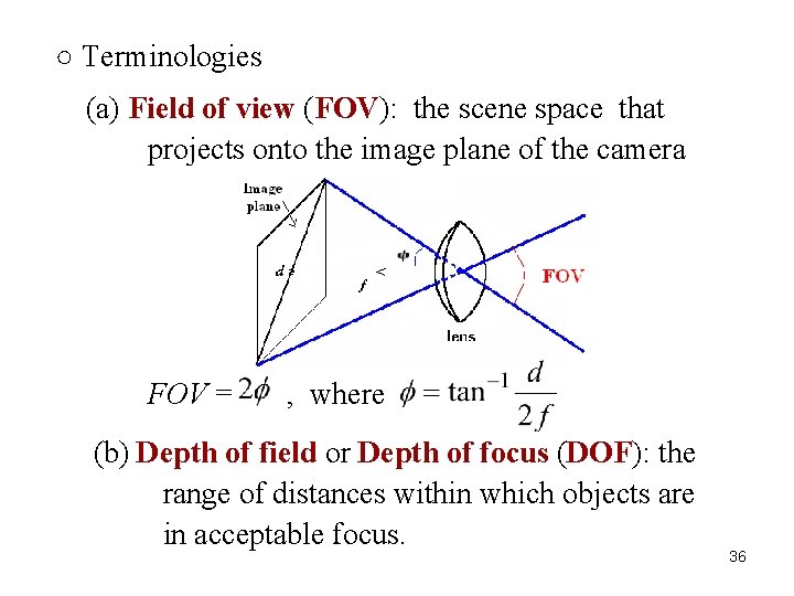 ○ Terminologies (a) Field of view (FOV): the scene space that projects onto the