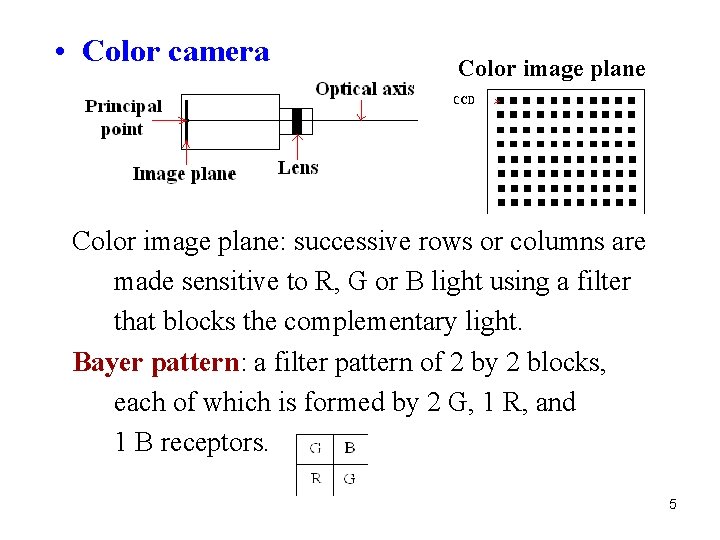  • Color camera Color image plane: successive rows or columns are made sensitive