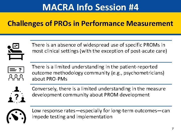 MACRA Info Session #4 Challenges of PROs in Performance Measurement There is an absence