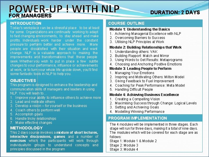 POWER-UP ! WITH NLP FOR MANAGERS DURATION: 2 DAYS INTRODUCTION COURSE OUTLINE Today’s workplace