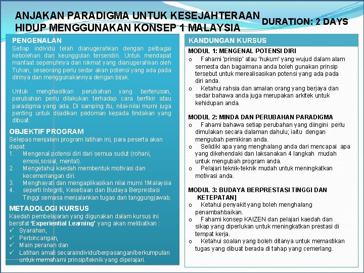 ANJAKAN PARADIGMA UNTUK KESEJAHTERAAN DURATION: 2 DAYS HIDUP MENGGUNAKAN KONSEP 1 MALAYSIA PENGENALAN KANDUNGAN