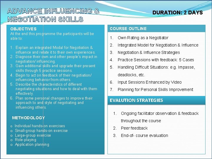 ADVANCE INFLUENCING & NEGOTIATION SKILLS DURATION: 2 DAYS OBJECTIVES COURSE OUTLINE At the end