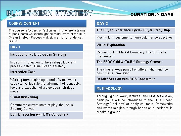 BLUE OCEAN STRATEGY DURATION: 2 DAYS COURSE CONTENT DAY 2 The course is focused