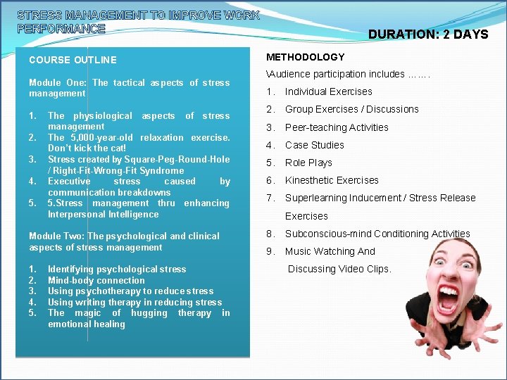 STRESS MANAGEMENT TO IMPROVE WORK PERFORMANCE COURSE OUTLINE Module One: The tactical aspects of