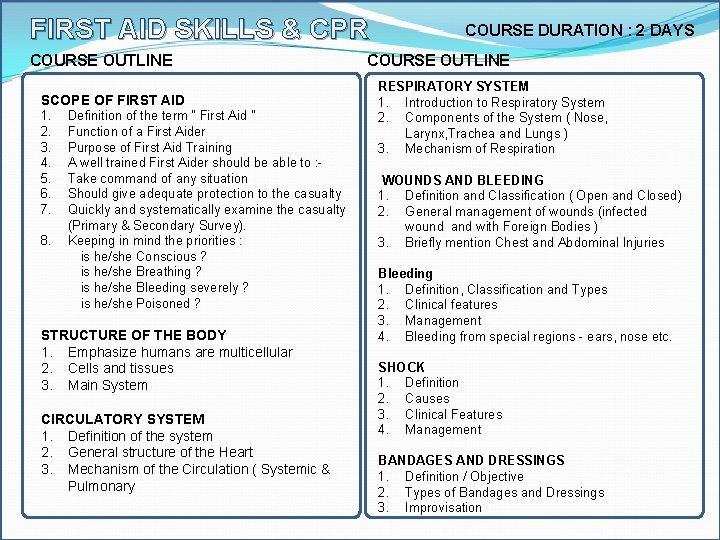 FIRST AID SKILLS & CPR COURSE OUTLINE SCOPE OF FIRST AID 1. Definition of