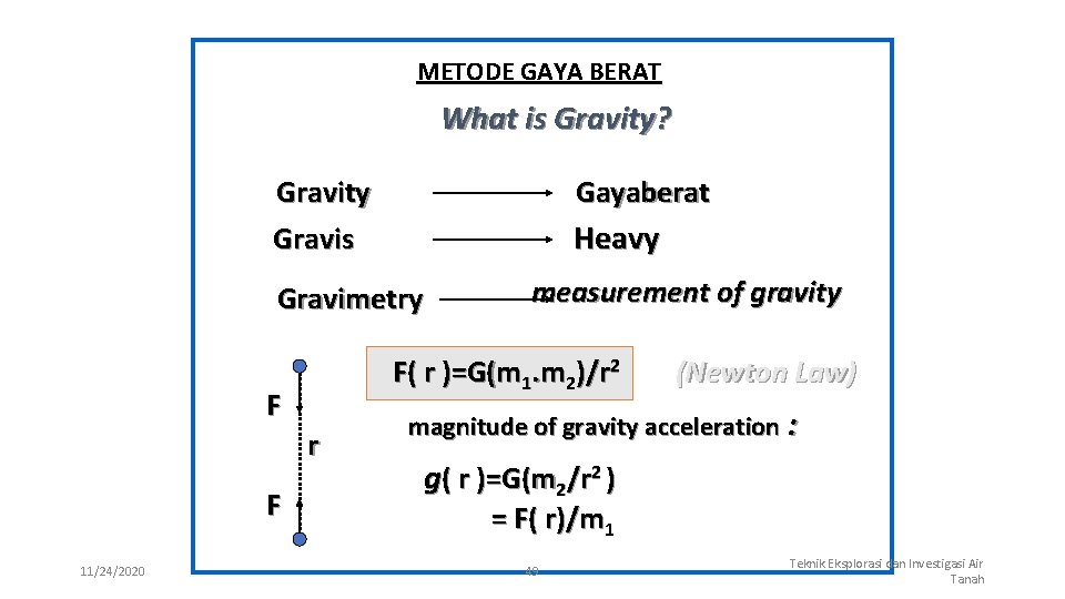 METODE GAYA BERAT What is Gravity? Gravity Gravis Gayaberat Heavy Gravimetry F( r )=G(m