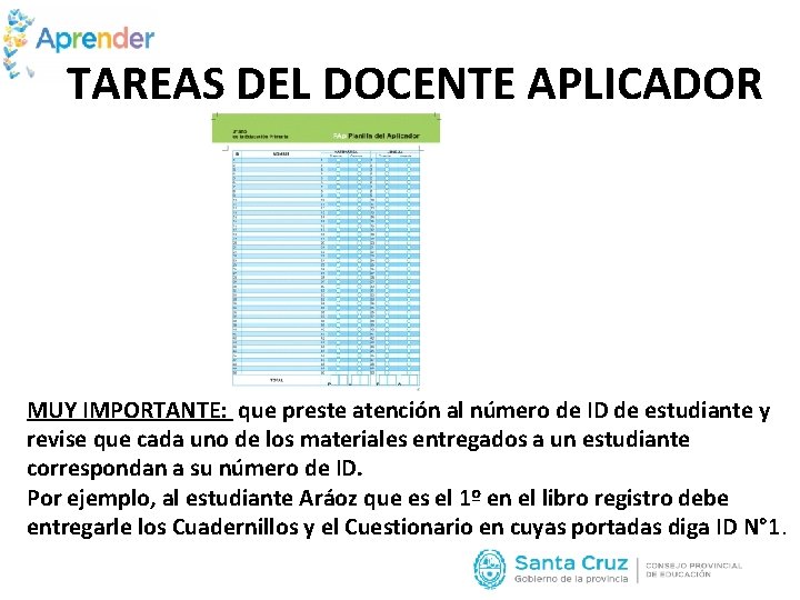 TAREAS DEL DOCENTE APLICADOR MUY IMPORTANTE: que preste atención al número de ID de