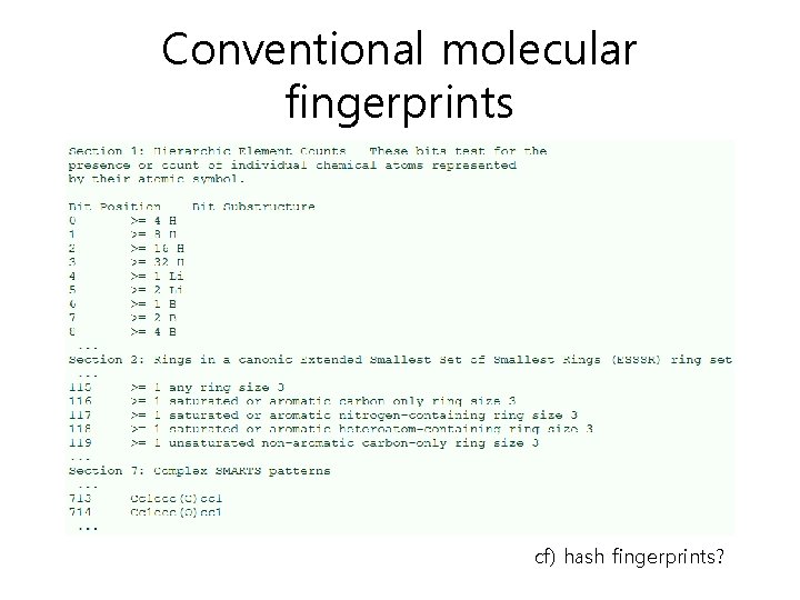 Conventional molecular fingerprints cf) hash fingerprints? Conventional molecular fingerprints cf) hash fingerprints?