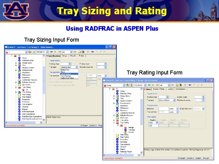 Tray Sizing and Rating Using RADFRAC in ASPEN Plus Tray Sizing Input Form Tray