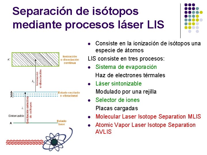 Separación de isótopos mediante procesos láser LIS Consiste en la ionización de isótopos una