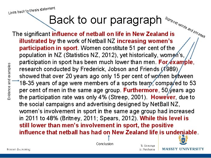 Evidence and examples to thesis Links back statement Back to our paragraph Sig npo