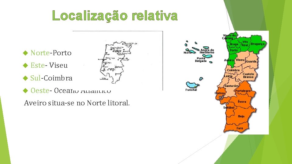 Localização relativa Norte-Porto Este- Viseu Sul-Coimbra Oeste- Oceano Atlântico Aveiro situa-se no Norte litoral.