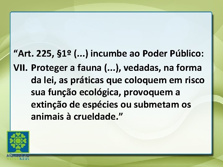 “Art. 225, § 1º (. . . ) incumbe ao Poder Público: VII. Proteger