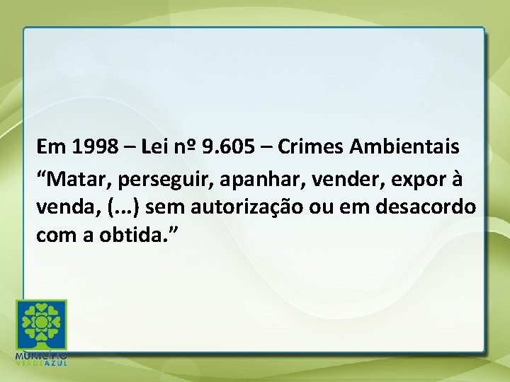 Em 1998 – Lei nº 9. 605 – Crimes Ambientais “Matar, perseguir, apanhar, vender, Em 1998 – Lei nº 9. 605 – Crimes Ambientais “Matar, perseguir, apanhar, vender,