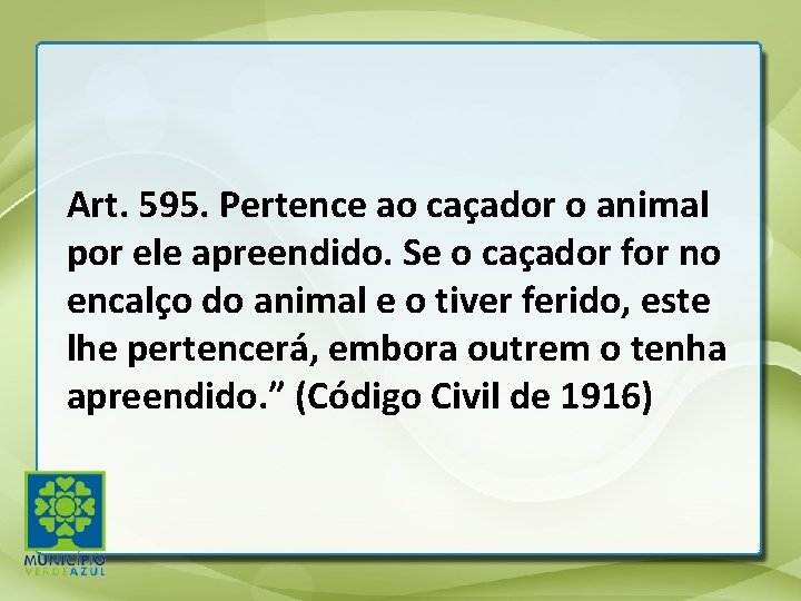 Art. 595. Pertence ao caçador o animal por ele apreendido. Se o caçador for