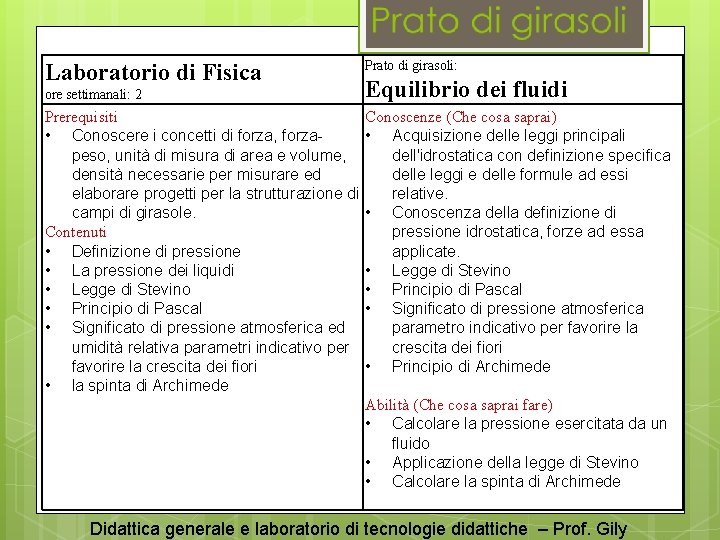 Laboratorio di Fisica ore settimanali: 2 Prato di girasoli: Equilibrio dei fluidi Prerequisiti Conoscenze