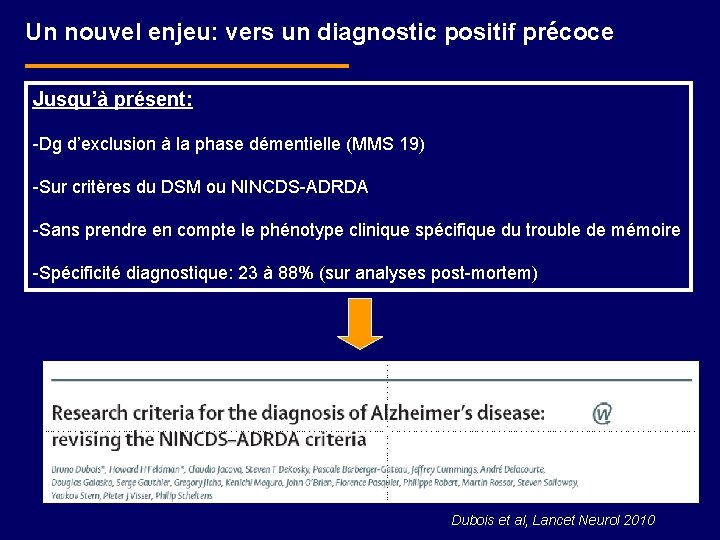 Un nouvel enjeu: vers un diagnostic positif précoce Jusqu’à présent: -Dg d’exclusion à la