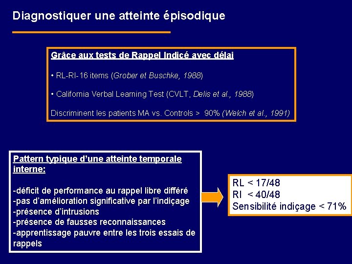 Diagnostiquer une atteinte épisodique Grâce aux tests de Rappel Indicé avec délai • RL-RI-16