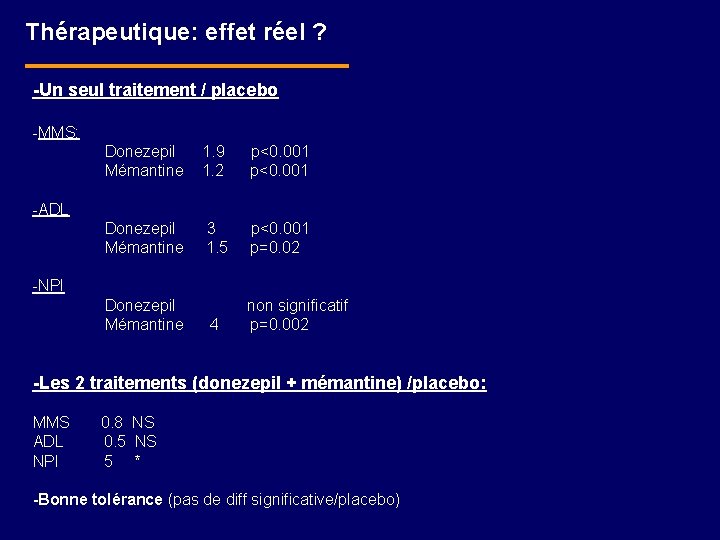 Thérapeutique: effet réel ? -Un seul traitement / placebo -MMS: Donezepil 1. 9 p<0.