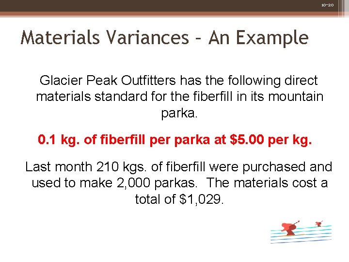 10 -20 Materials Variances – An Example Glacier Peak Outfitters has the following direct