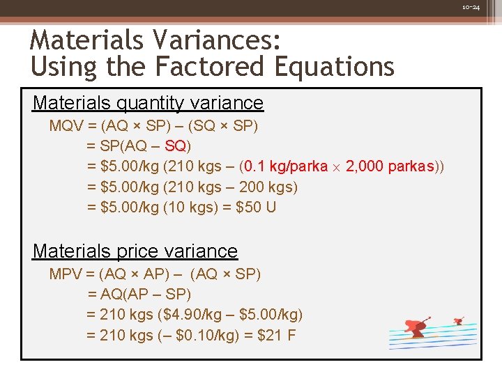 10 -24 Materials Variances: Using the Factored Equations Materials quantity variance MQV = (AQ