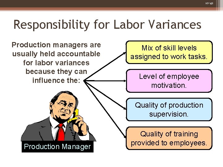 10 -42 Responsibility for Labor Variances Production managers are usually held accountable for labor