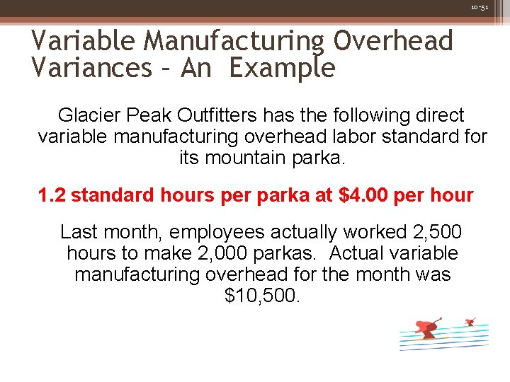 10 -51 Variable Manufacturing Overhead Variances – An Example Glacier Peak Outfitters has the