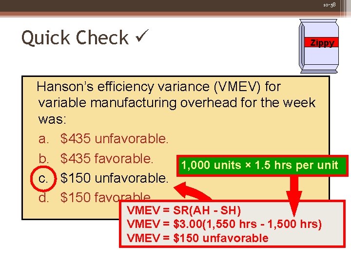 10 -58 Quick Check Zippy Hanson’s efficiency variance (VMEV) for variable manufacturing overhead for