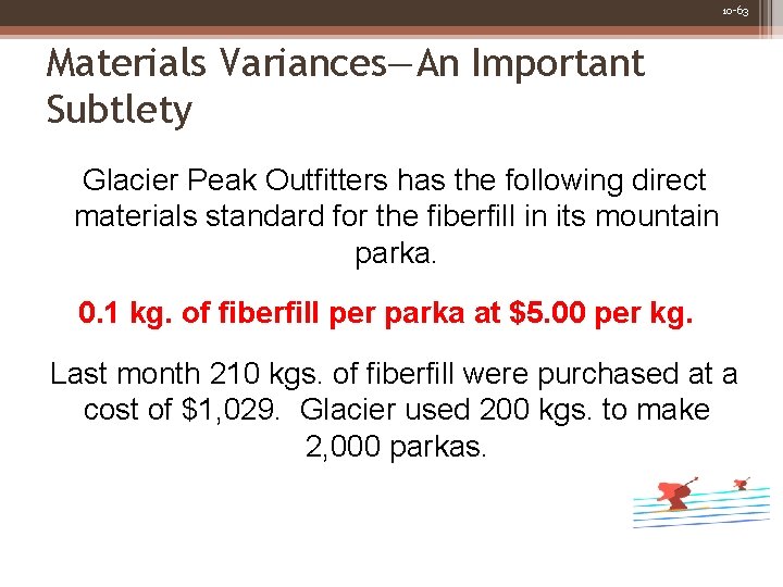 10 -63 Materials Variances―An Important Subtlety Glacier Peak Outfitters has the following direct materials