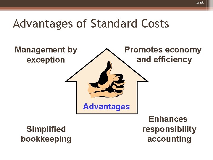 10 -68 Advantages of Standard Costs Management by exception Promotes economy and efficiency Advantages