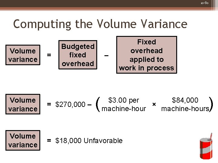 10 -80 Computing the Volume Variance Volume variance = Budgeted fixed overhead – (