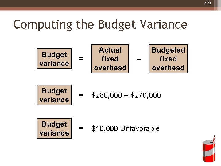 10 -82 Computing the Budget Variance Actual fixed overhead Budgeted fixed overhead Budget variance
