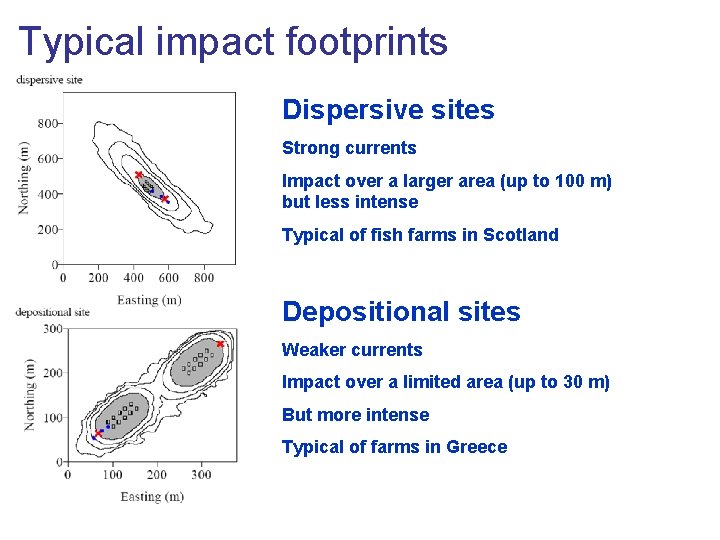 Typical impact footprints Dispersive sites Strong currents Impact over a larger area (up to