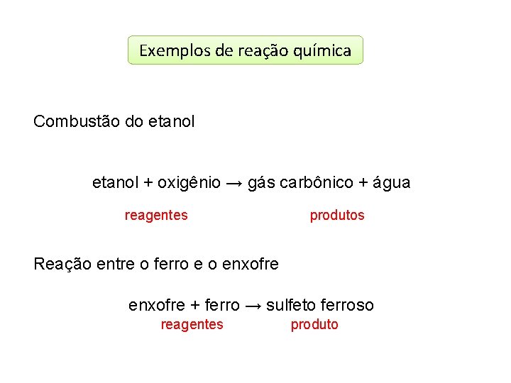 Exemplos de reação química Combustão do etanol + oxigênio → gás carbônico + água