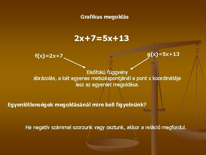 Grafikus megoldás 2 x+7=5 x+13 f(x)=2 x+7 g(x)=5 x+13 Elsőfokú függvény ábrázolás, a két