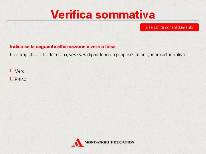 Verifica sommativa Esercizi di consolidamento Indica se la seguente affermazione è vera o falsa. Verifica sommativa Esercizi di consolidamento Indica se la seguente affermazione è vera o falsa.