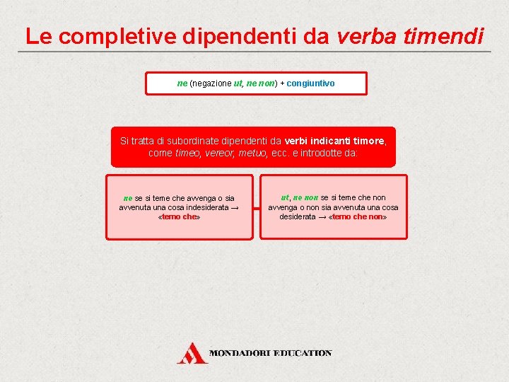 Le completive dipendenti da verba timendi ne (negazione ut, ne non) + congiuntivo Si Le completive dipendenti da verba timendi ne (negazione ut, ne non) + congiuntivo Si